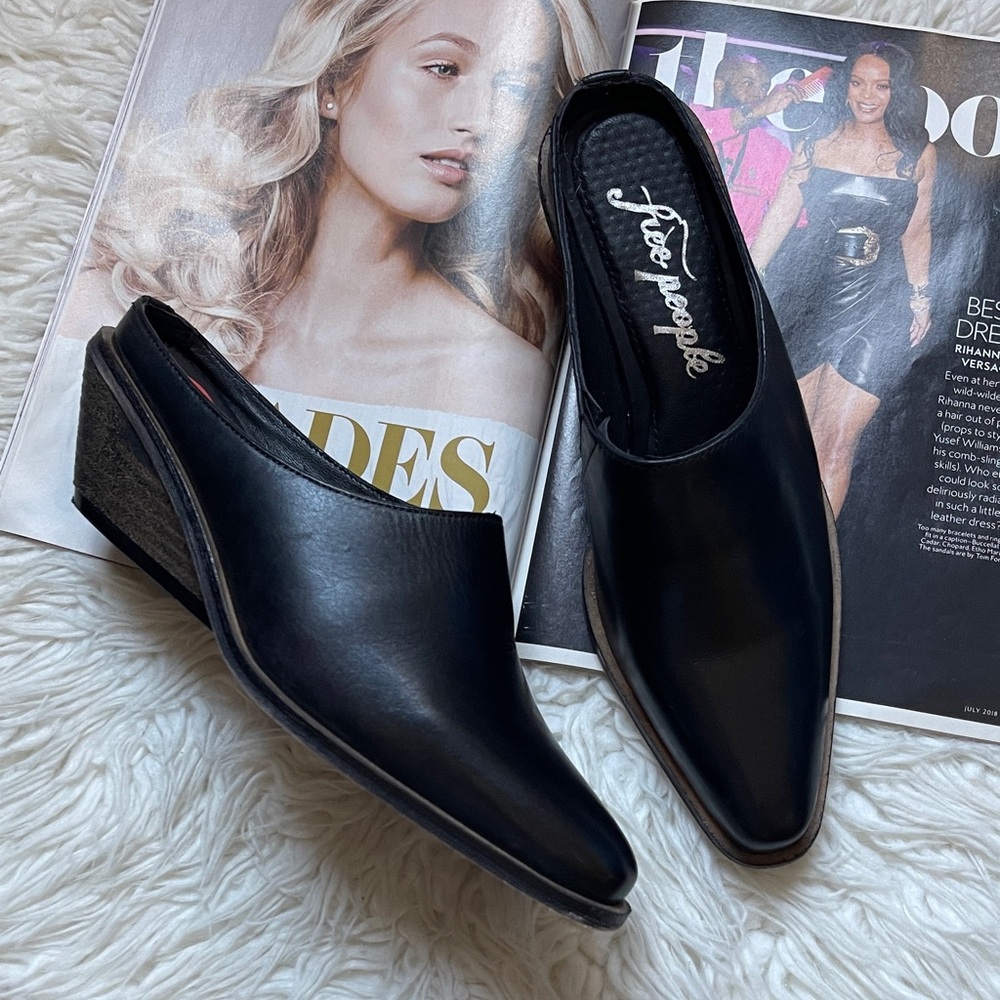 Free People Black Leather Wedge Mules